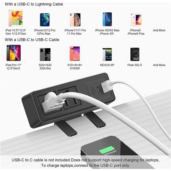 Desk Edge Power Strip with 1 USB 1 USB-C 20W PD Removable Clamp - Picture 6 of 7